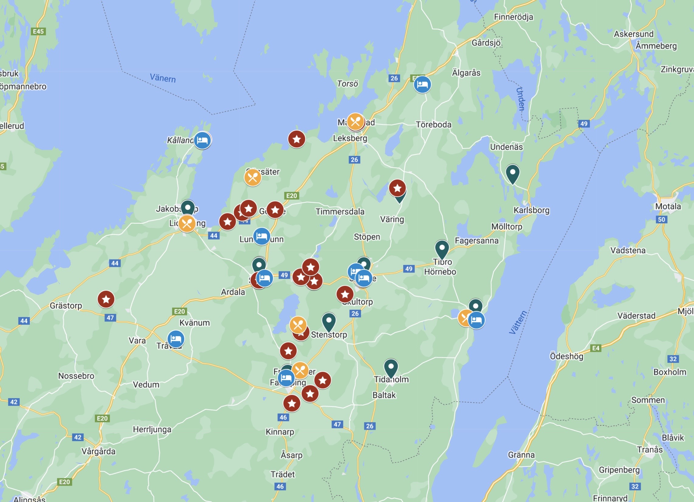 En bild av en karta där platser är utmärkta med symboler i olika färger.