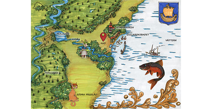En illustrerad karta över Hjo och Vättern