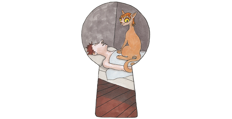 Genom ett nyckelhål ser man en man ligga och sova och ovanpå honom sitter ett odjur