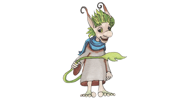 En illustration av ett sagoväsen med grönt hår, stora fötter och spetsiga öron