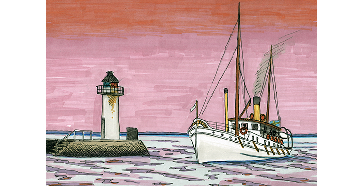 En illustration av en ångbåt som åker förbi en pir. Himlen bakom är rosafärgad