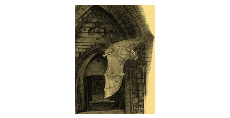 En illustrerad bild av en fladdermus som flyger  i en gammal byggnad