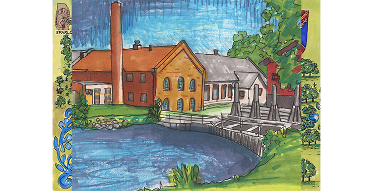 En illustrerad bild av ett gammalt bruk som ligger vid en å.