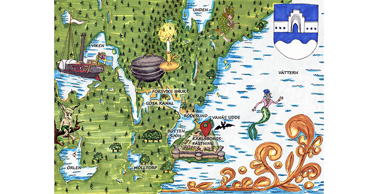 En illustrerad bild av en karta över Karlsborg och Vättern