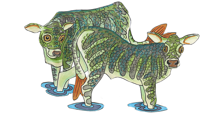 En illustrerad bild av två kossor som ser ut som drakar