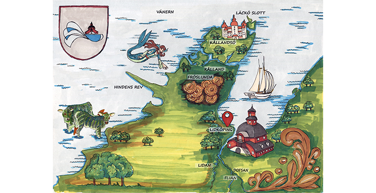 En illustrerad bild av en karta över Lidköping och Kållandsö