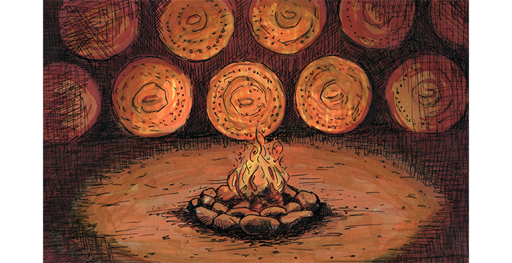 En illustrerad bild av en eld med bronssköldar i bakgrunden