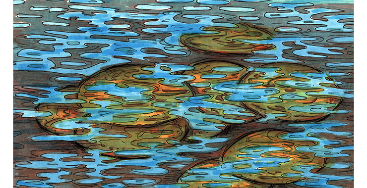 En illustrerad bild av bronssköldar under vattenytan