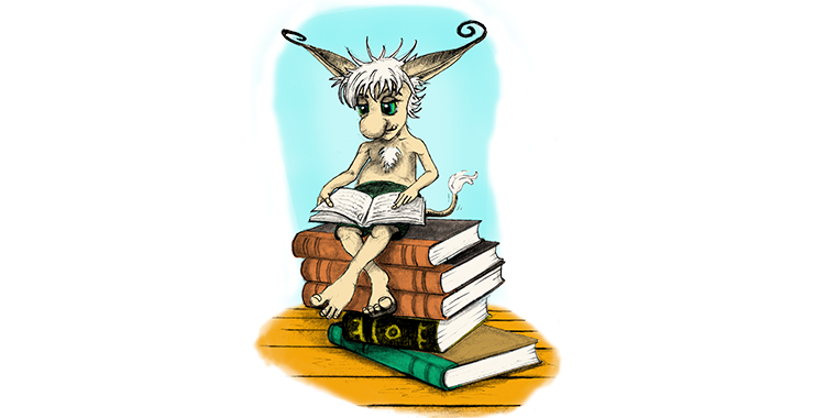 En illustrerad bild av ett sagoväsen som sitter på en trave med böcker