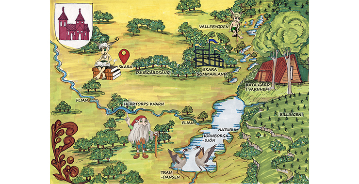 En illustrerad bild av en karta över Skara