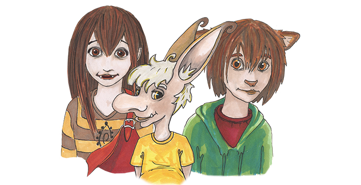 En illustrerad bild av två sagofigurer som ser ut som barn och en sagofigur som ser ut som ett djur