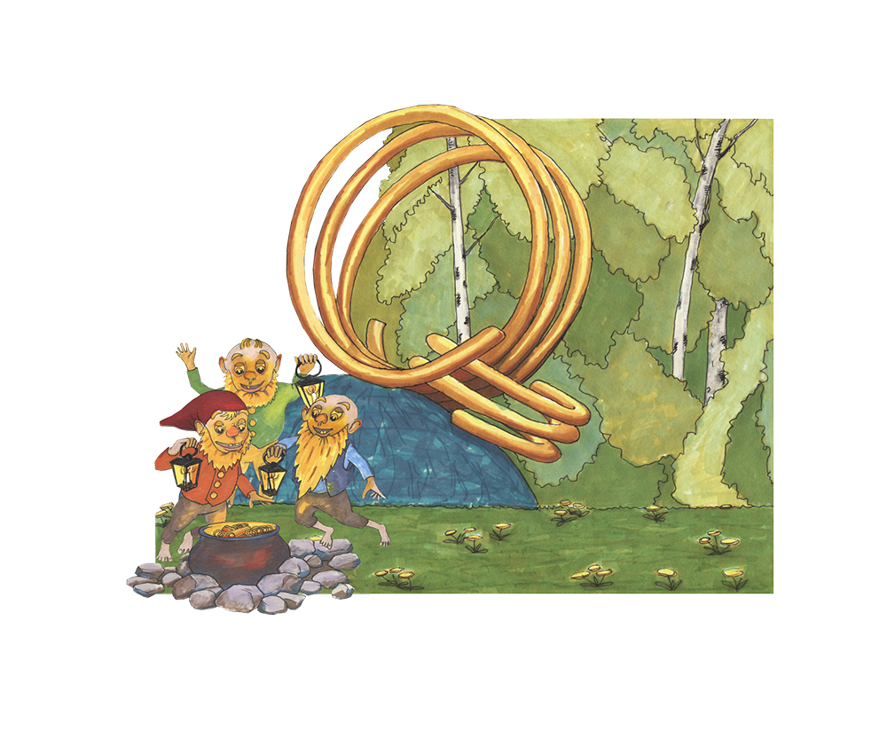 En illustrerad bild med tre vättar i förgrunden. 
I bakgrunden syns stora guldringar liggandes på en sten i en skog.