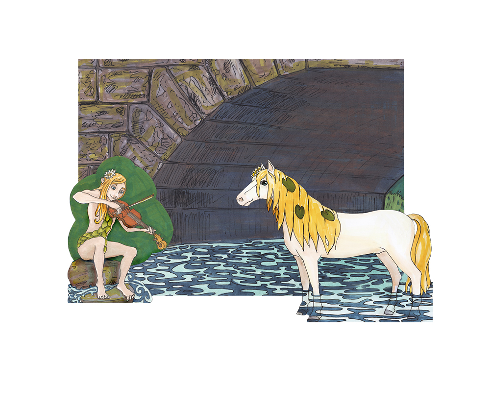En illustrerad bild med en flicka spelande 
fiol och en häst som lyssnar i förgrunden. 
I bakgrunden syns en bro som går över vattnet.
