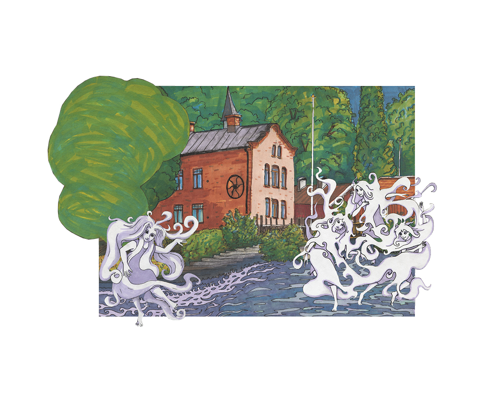 En illustrerad bild med flera spökfigurer i förgrunden. I bakgrunden syns ett hus som ligger vid vattnet.