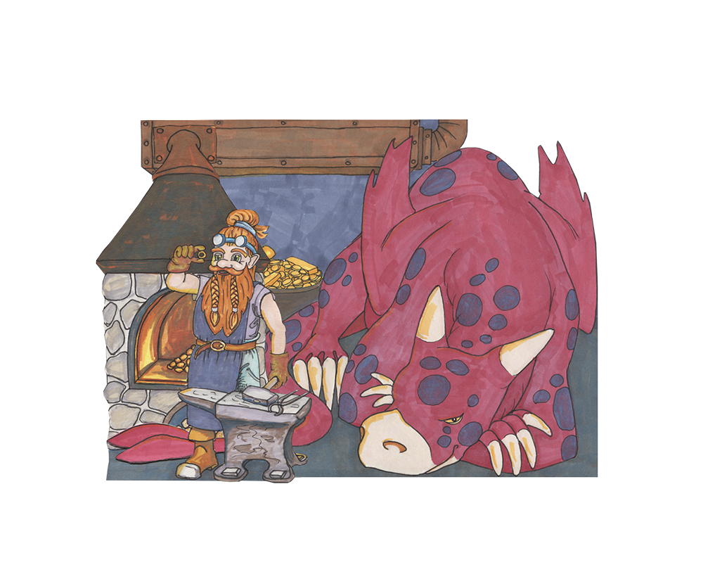 En illustrerad bild med en smed i skägg i förgrunden. I bakgrunden syns en drake som ligger på golvet i smedjan.