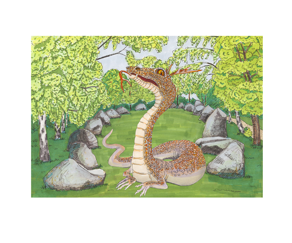 En illustrerad bild med en sittande drake i förgrunden. I bakgrunden syns en skeppssättning av stenar och träd runt om.