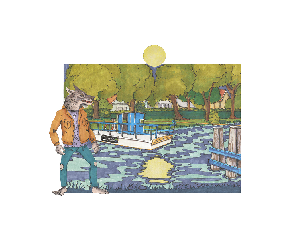 En illustrerad bild med en varg med jacka och jeans i förgrunden. I bakgrunden syns en skogssjö med en brygga.