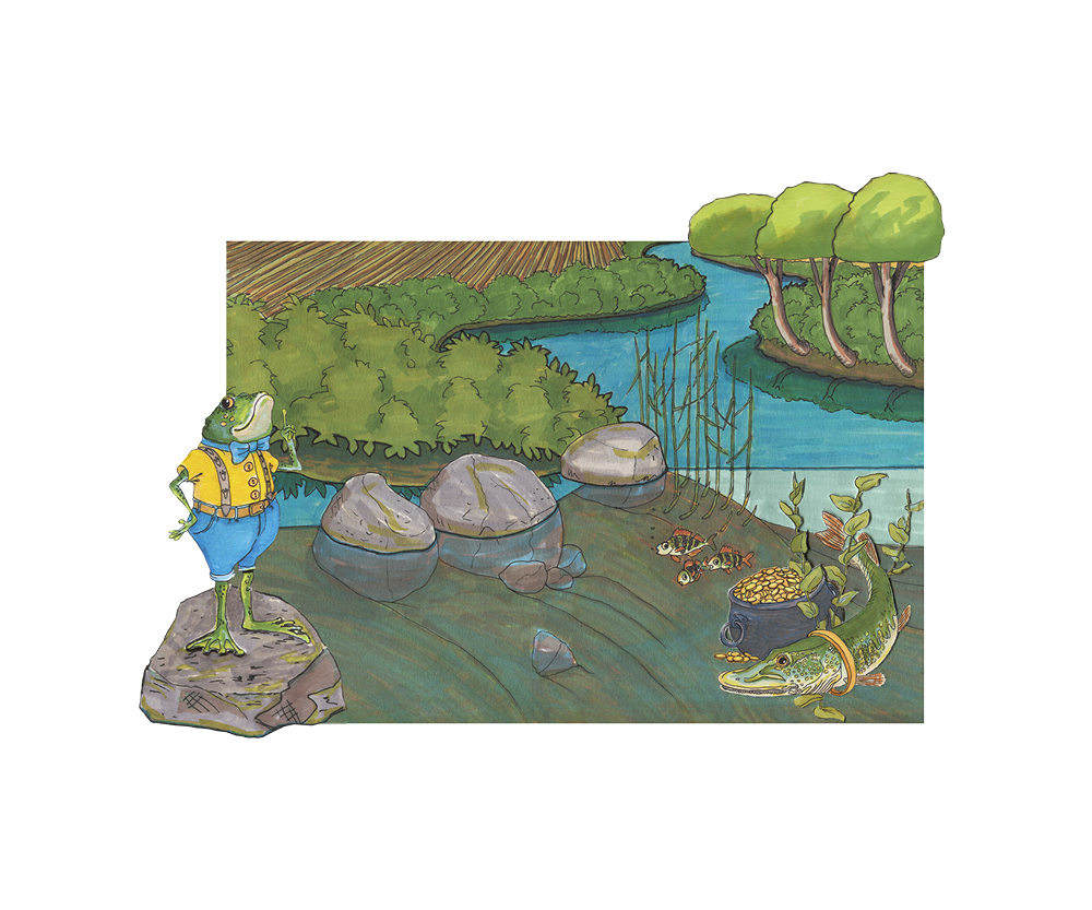 En illustrerad bild med en groda i kläder i förgrunden. I bakgrunden syns en gädda 
som simmar i vattnet med en korg med guld.