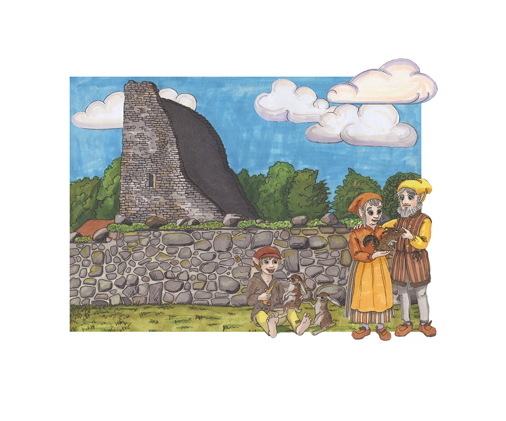 En illustrerad bild med en man, kvinna och ett barn i förgrunden. I bakgrunden syns en gammal grå stenruin.