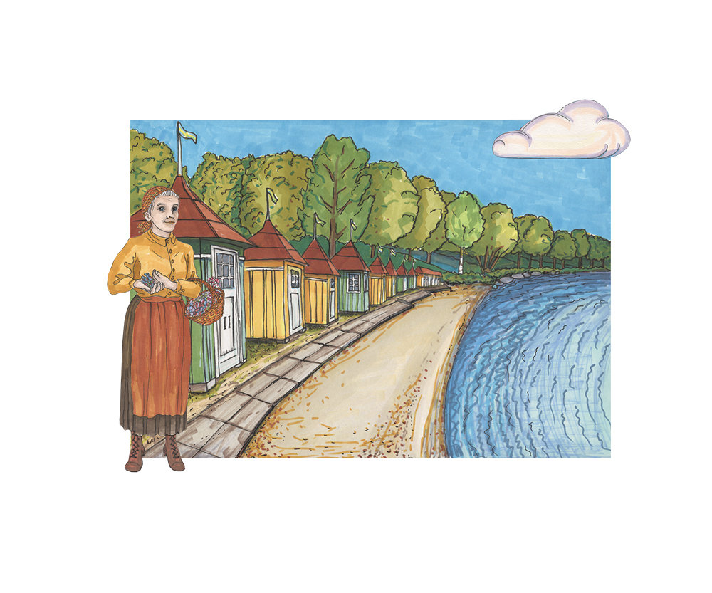 En illustrerad bild med en kvinna i förkläde i förgrunden. I bakgrunden syns badhytter i flera färger liggandes vid vattnet.