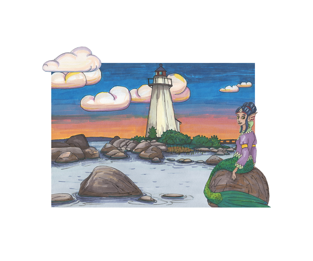 En illustrerad bild med en sjöjungfru sittandes på en sten i förgrunden. I bakgrunden syns en vit fyr ståendes vid vattnet.