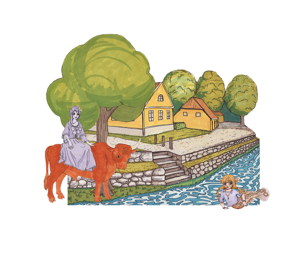 En illustrerad bild med en kvinna sittande på en oxe och en flicka i långt hår i förgrunden. 
I bakgrunden syns hus som ligger vid vattnet.