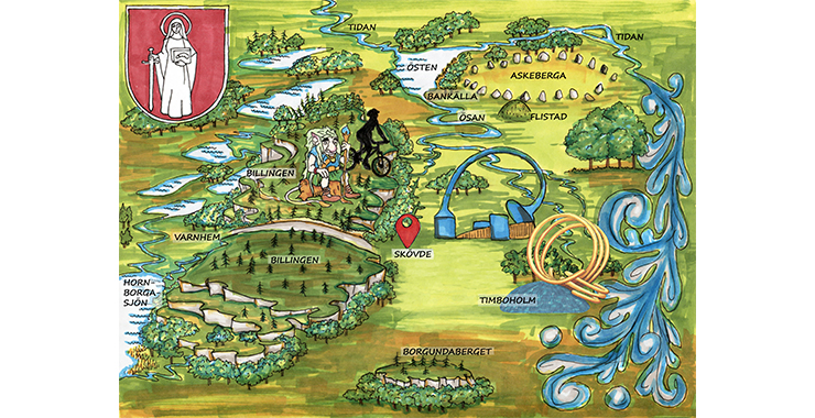 En illustrerad bild av en karta över Skövde