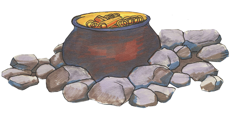 En illustrerad bild av en gryta med en guldskatt i