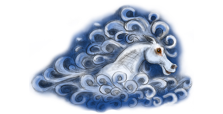 En illustrerad bild av en vit häst med stor, svallande man