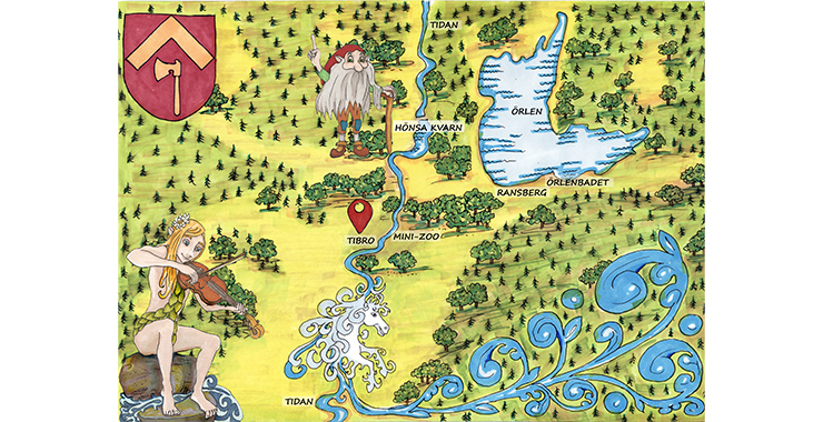 En illustrerad bild av en karta över Tibro