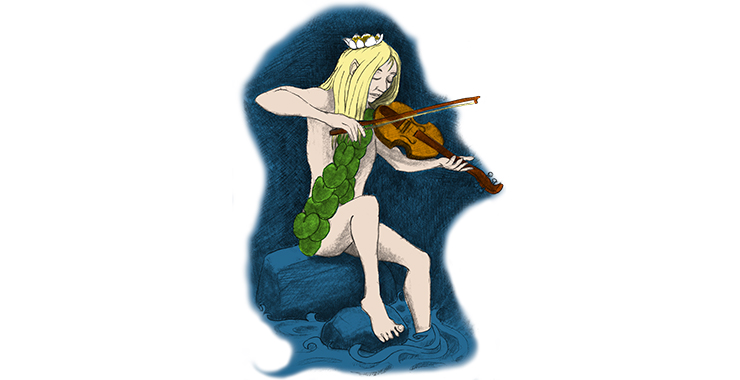 En illustrerad bild av en an näcken som spelar fiol i bäcken.