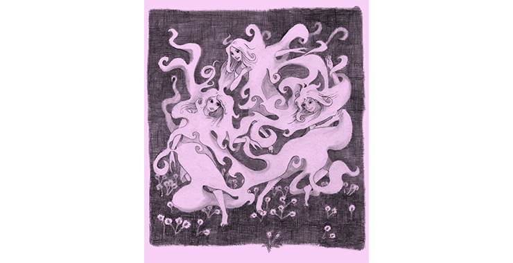 En illustrerad bild av dansande älvor