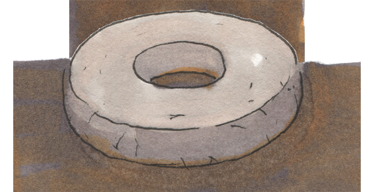 En illustrerad bild av en rund sten med ett runt hål i.