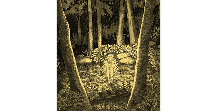 En illustrerad bild av irrbloss i en skog