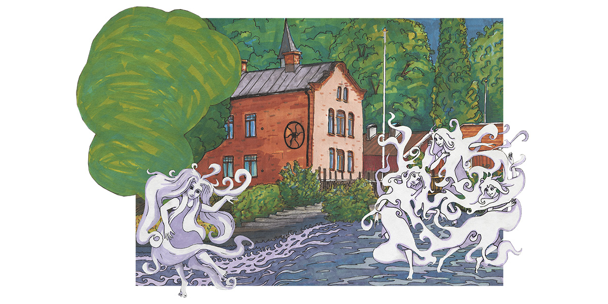 En illustrerad bild av Tidan och ett magasin i tegel med dansande vattenväsen i ån.