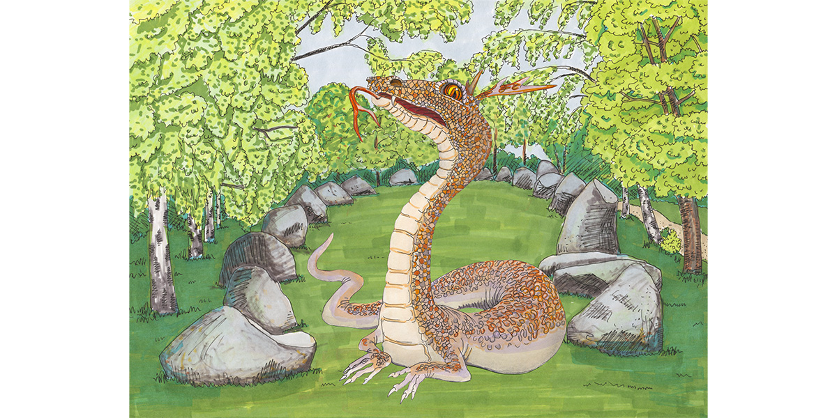 En illustrerad bild av en orm eller drake i en skeppssättning i naturen