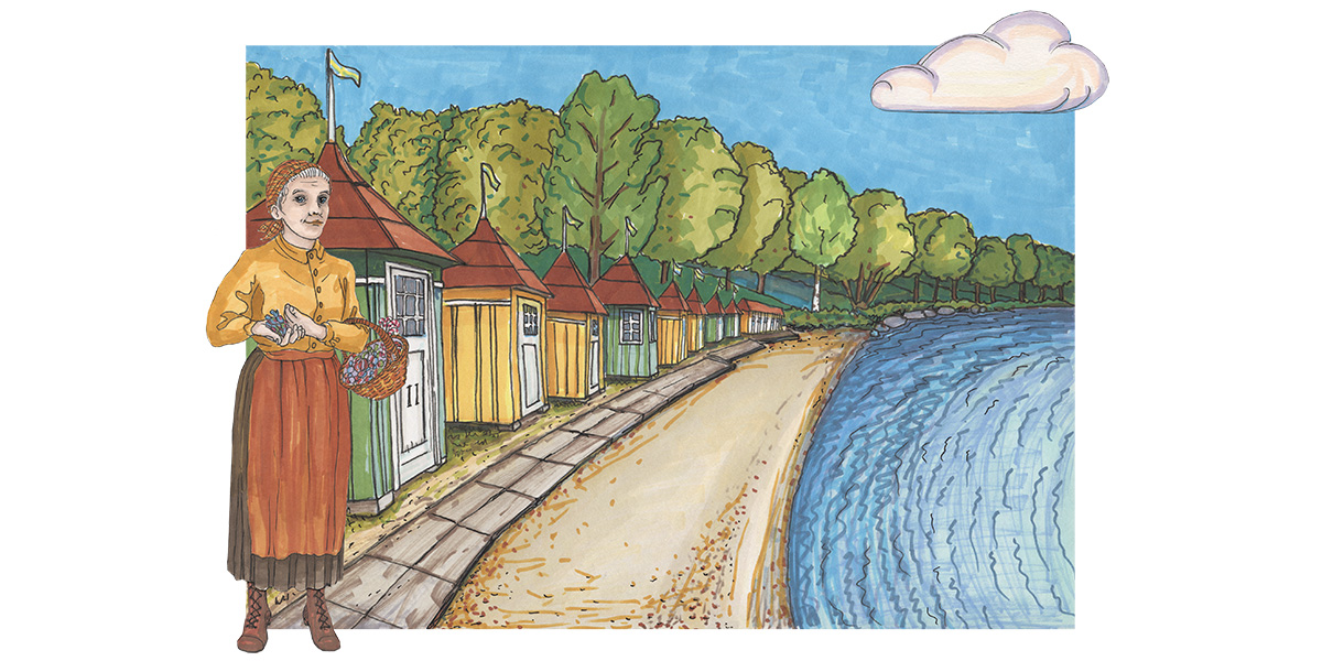 En illustration av en kvinna med en korg på armen står vid en strand där det finns badhytter