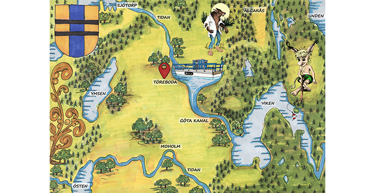 En illustrerad bild av en karta över Töreboda