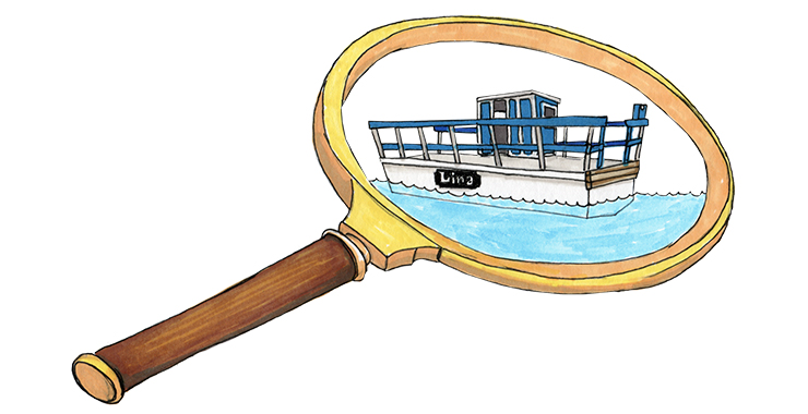 En illustrerad bild av ett förstoringslas som man ser en båt igenom