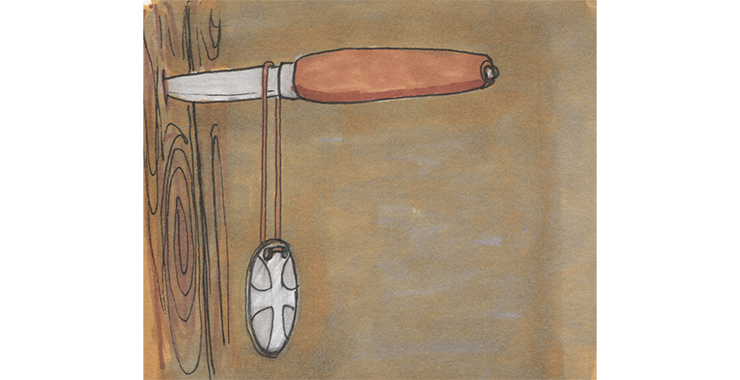 En illustrerad bild av en kniv i ett träd som det hänger ett silversmycke i.