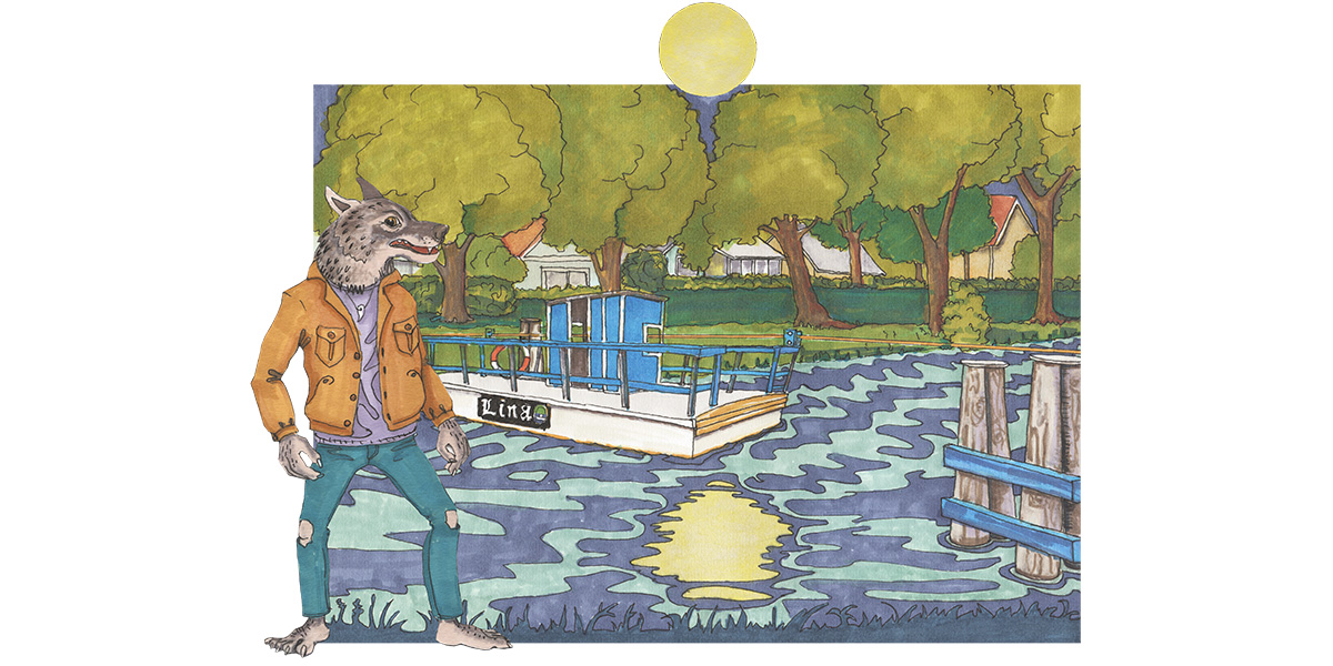 En illustrerad bild av en liten färja över en kanal