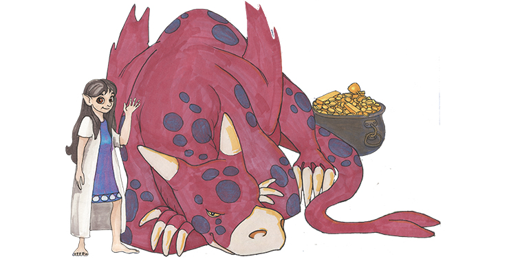 En illustrerad bild av en flicka som ser ut som ett sagoväsen som klappar en röd drake