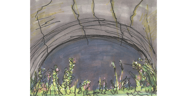 En illustrerad bild av en öppning in i ett berg