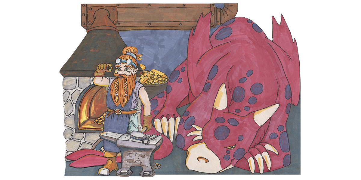En illustrerad bild av en smed i en smedja där även en röd drake ligger och vilar