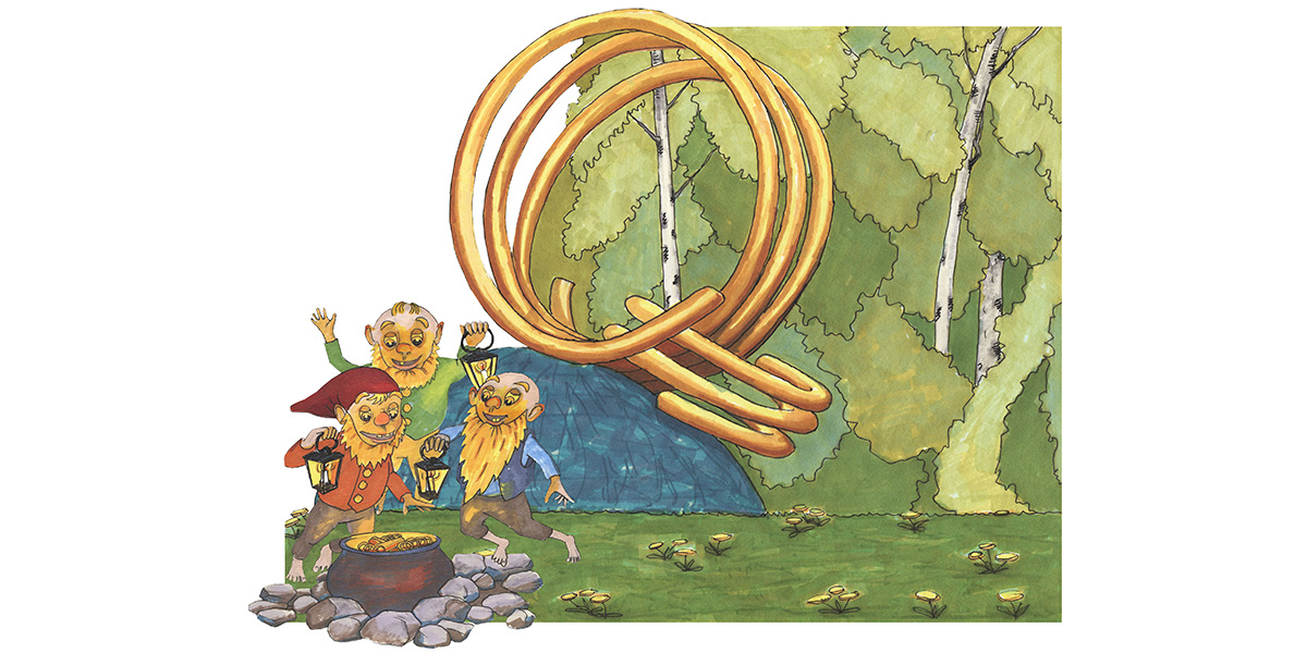 En illustrerad bild av tre trollfigurer som hittar en skatt
