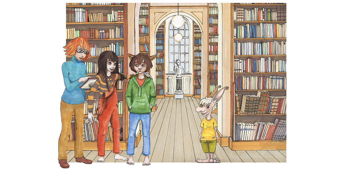 En illustrerad bild av tre ungdomar som står i det gamla biblioteket i Skara