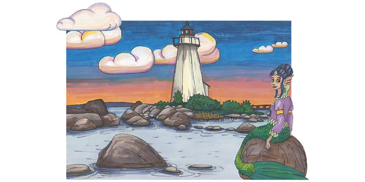 En illustrerad bild av en fyr med en sjöjungfru i förgrunden