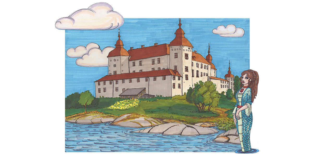 En illustrerad bild av Läckö Slott med en sjöjungfru i förgrunden.