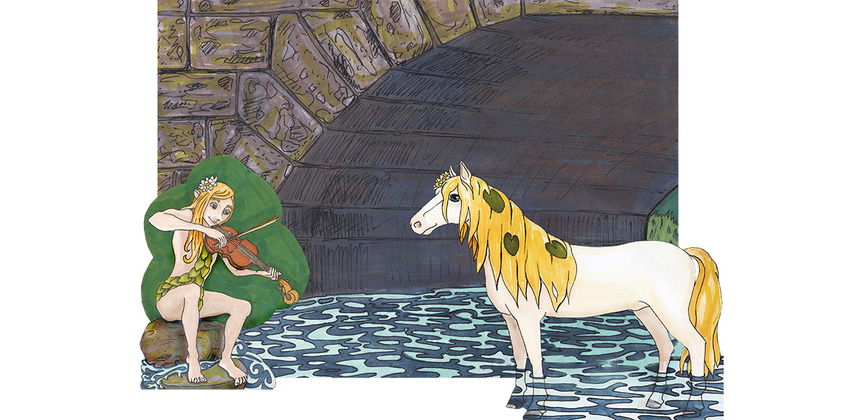 En illustrerad bild av näcken som spelar fiol under en bro och en vit häst med en gul man med svarta prickar i.
