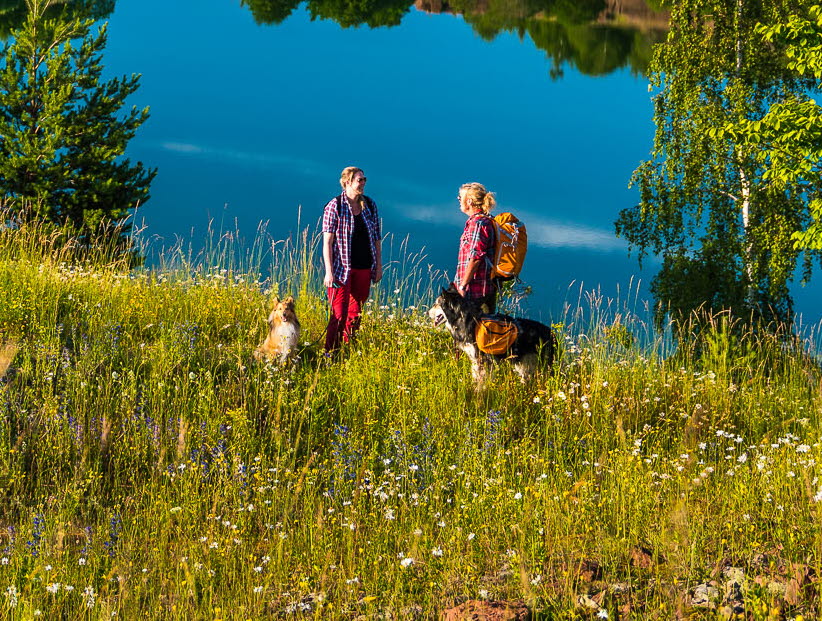 Två kvinnor vandrar med sina hundar och har precis tagit en paus vid ett stort stenbrott.